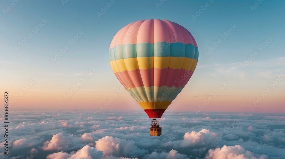 Fototapeta premium Hot air balloon ride above the clouds at sunset. AI.