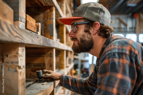 A bearded man in a plaid shirt and cap examines a shelf in a workshop. photo