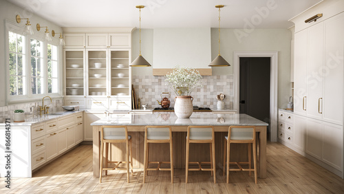 Rendering of a classic kitchen in the American style 1.3D illustration