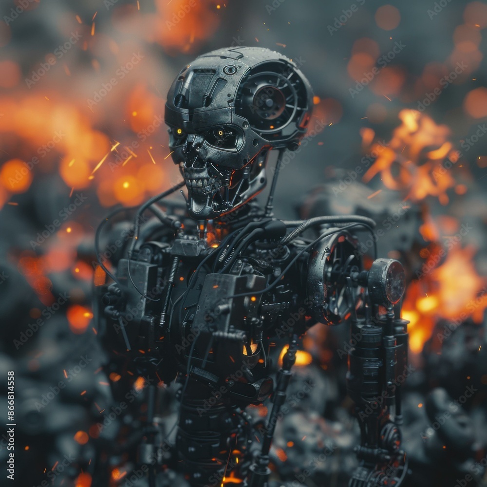 Fototapeta premium A robot stands amid a fiery backdrop, showcasing its intricate mechanical structure. AI.