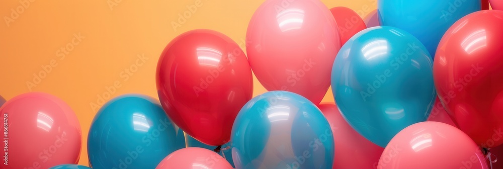 A cluster of blue and red balloons decorate an office party. Generative AI