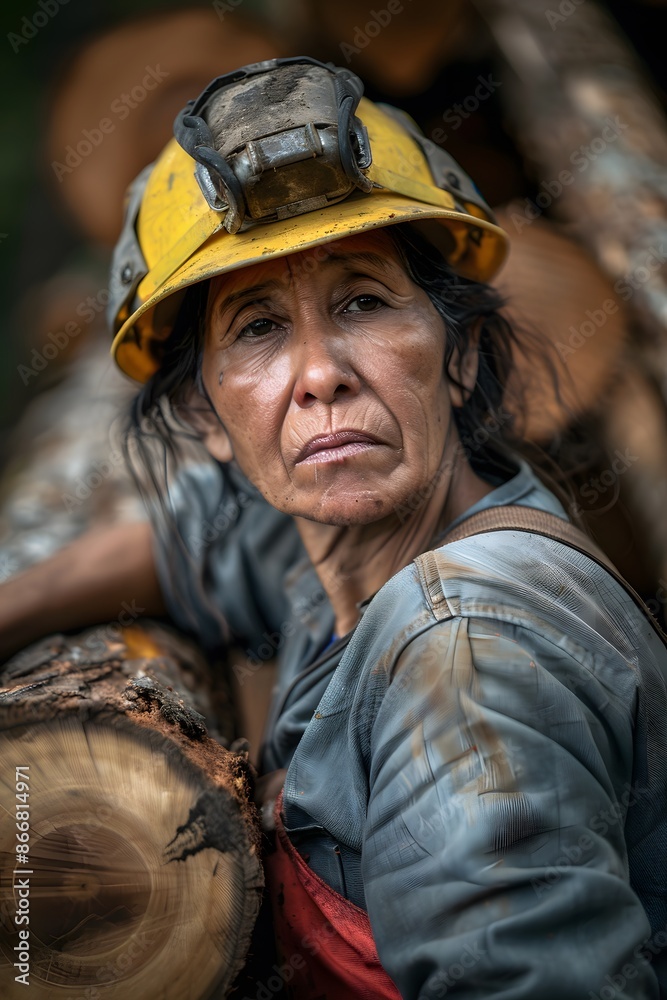 Fototapeta premium An elderly woman of Latin American origin in a yellow helmet and a special uniform working as a lumberjack leaned on logs