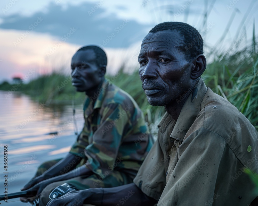Two men sit in a boat on a river in Africa. AI. Two men sit in a boat on a river in Africa. AI.