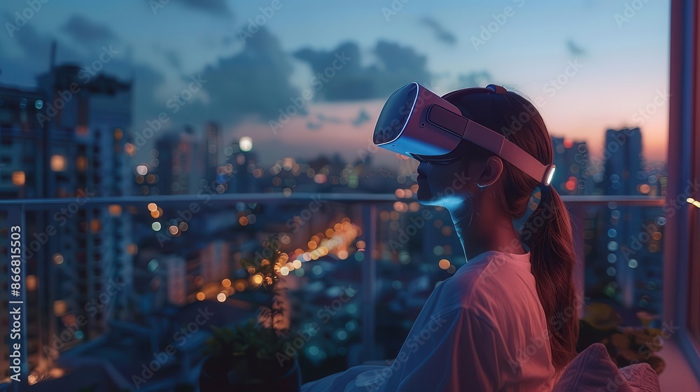 Person using a VR headset on a rooftop terrace at night, with cityscape views Person using a VR headset on a rooftop terrace at night, with cityscape views