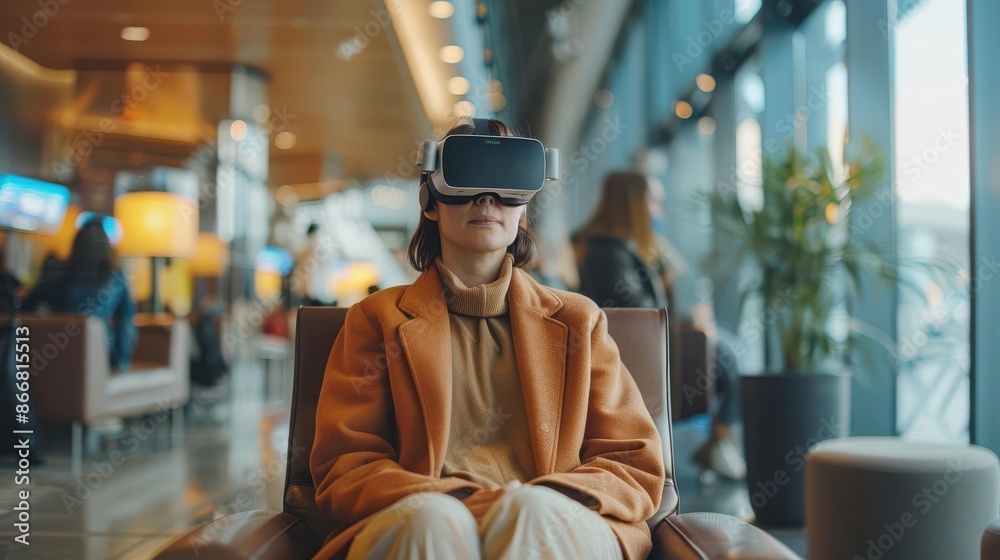 User with a VR headset in a bustling airport lounge, surrounded by travelers User with a VR headset in a bustling airport lounge, surrounded by travelers