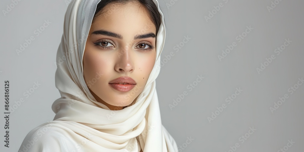 Portrait of serene woman in white hijab with soft gaze and neutr