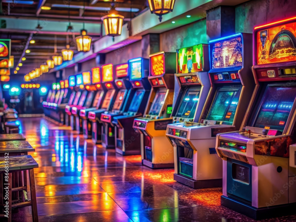 Vintage arcade atmosphere with dimly lit neon lights, rows of old ...