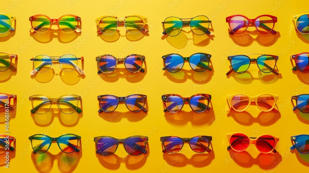 A colorful collection of eyeglasses arranged in neat rows on a yellow background A colorful collection of eyeglasses arranged in neat rows on a yellow background