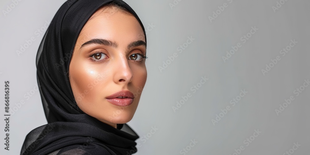 Portrait of serene woman in black hijab with perfect makeup. Portrait of serene woman in black hijab with perfect makeup.