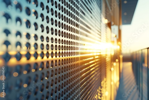 A close-up of a modern facade with sunlight filtering through perforated metal panels