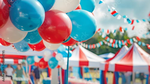 a  of a community event with tents decorated in red, white, and blue, Patriotism, Fourth of July, Balloon, Party, Social Event, Celebration, Celebration Event, Indepe photo