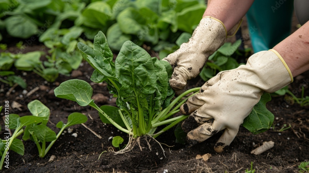 Hands in gloves harvesting fresh spinach from the soil Hands in gloves harvesting fresh spinach from the soil