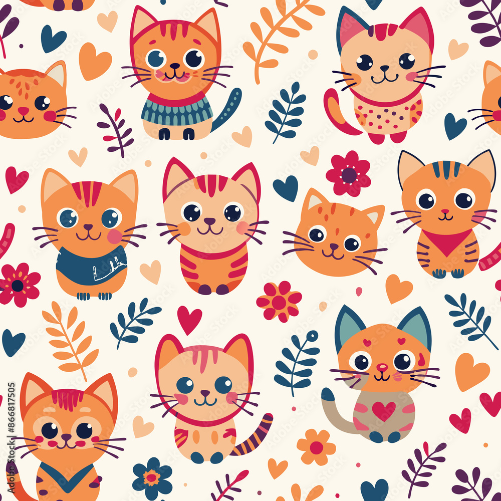 A playful pattern  cute, cats in various poses, surrounded by flowers, leaves, and heart