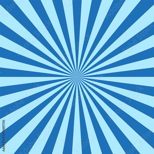 Radial burst vector. Blue sunburst background. Striped rays pattern. Dynamic abstract design.