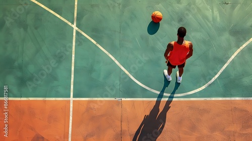 A man's feet stand on the floor of a basketball court. An orange basketball rests near his feet. The surface of the basketball court has yellow lines that indicate where players can stand and play.