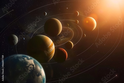 A cluster of planets aligned in orbit within a solar system