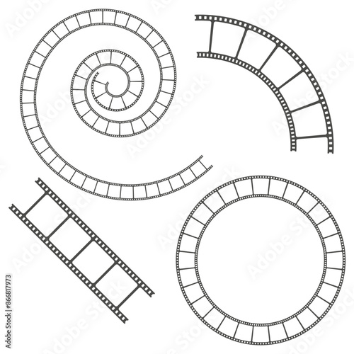 Film strip vector. Black and white. Spiral, curved, circular shapes. Movie reel designs.