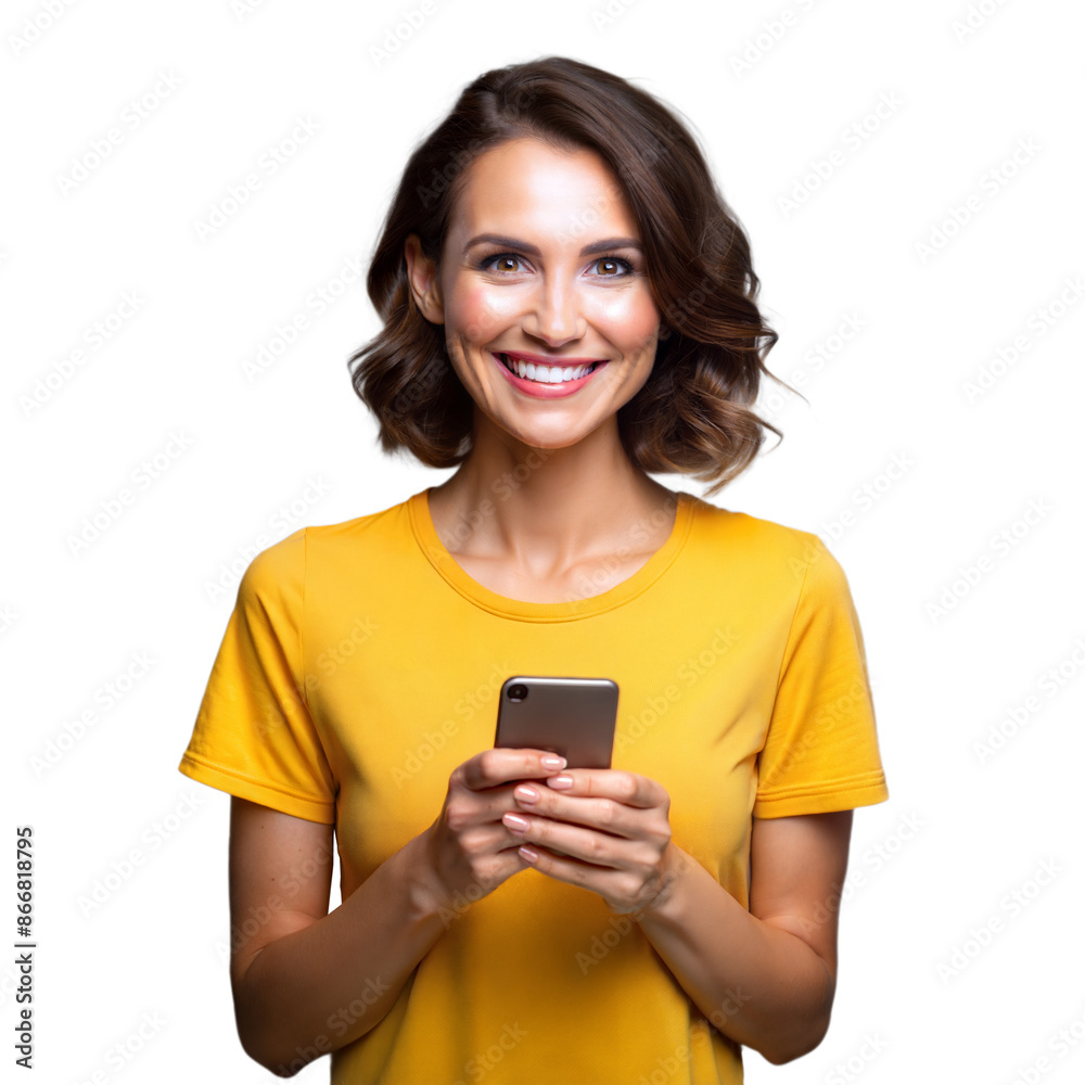 Smiling Woman Using Smartphone in Yellow T-Shirt Smiling Woman Using Smartphone in Yellow T-Shirt