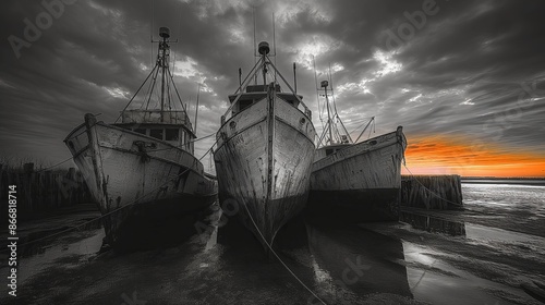 Orange Sunset Illuminates Weathered Fishing Boats at Twilight Harbor photo