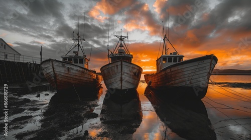 Orange Sunset Illuminates Weathered Fishing Boats at Twilight Harbor photo