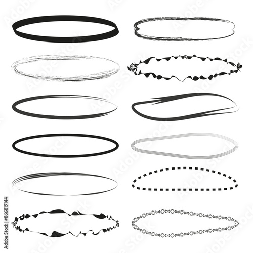 Abstract oval frames. Black and white. Various styles. Vector graphic elements.