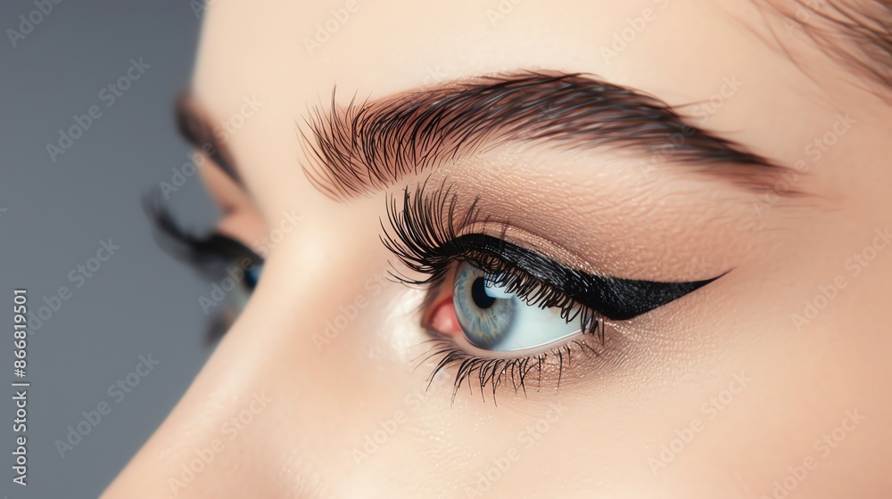 Close-up of a woman's eye with striking black eyelashes. Close-up of a woman's eye with striking black eyelashes.