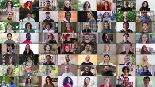 A multiscreen collage of 64 happy and diverse faces, showcasing the joy and positivity of people from various ethnicities and age groups. The display is a celebration of smiles and unity.