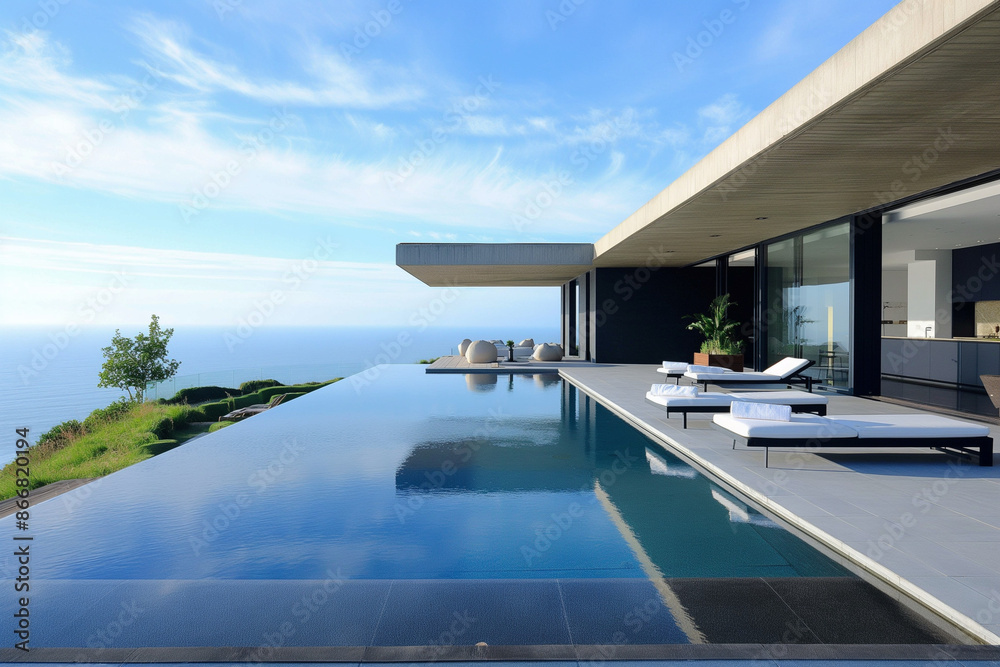 Fototapeta premium Minimalist pool area, sleek design, uncluttered deck, simple loungers, water as the focal point 