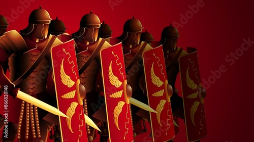 Step into history with this motion graphic, showcasing ancient Roman legionaries in battle-ready stances, prepared for conquest