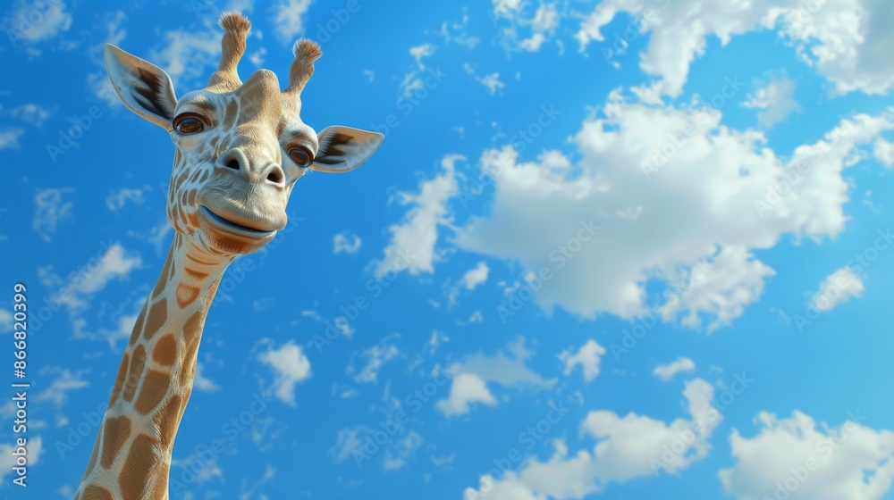 Fototapeta premium Giraffe gazing against bright blue sky with scattered clouds, close-up shot. Wildlife and nature photography concept