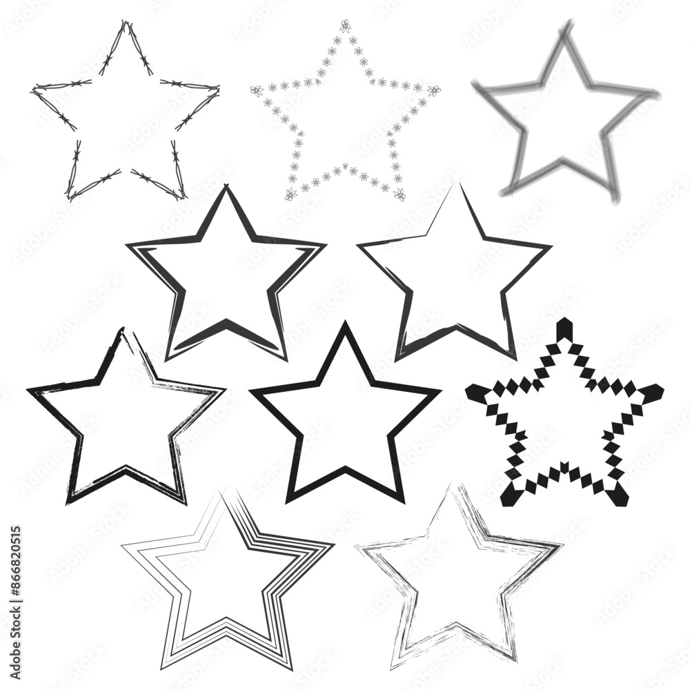 Star frame set. Various border designs. Black and white contrast. Vector illustration. Star frame set. Various border designs. Black and white contrast. Vector illustration.