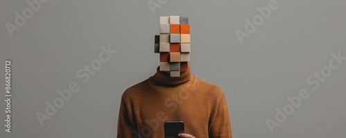 A person with a face obscured by colorful blocks, wearing a brown sweater. photo