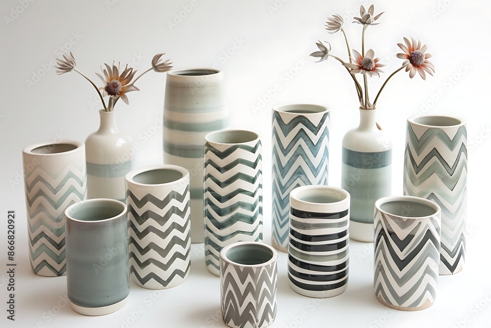 A collection of ceramic vases with matte and glossy chevron patterns A collection of ceramic vases with matte and glossy chevron patterns