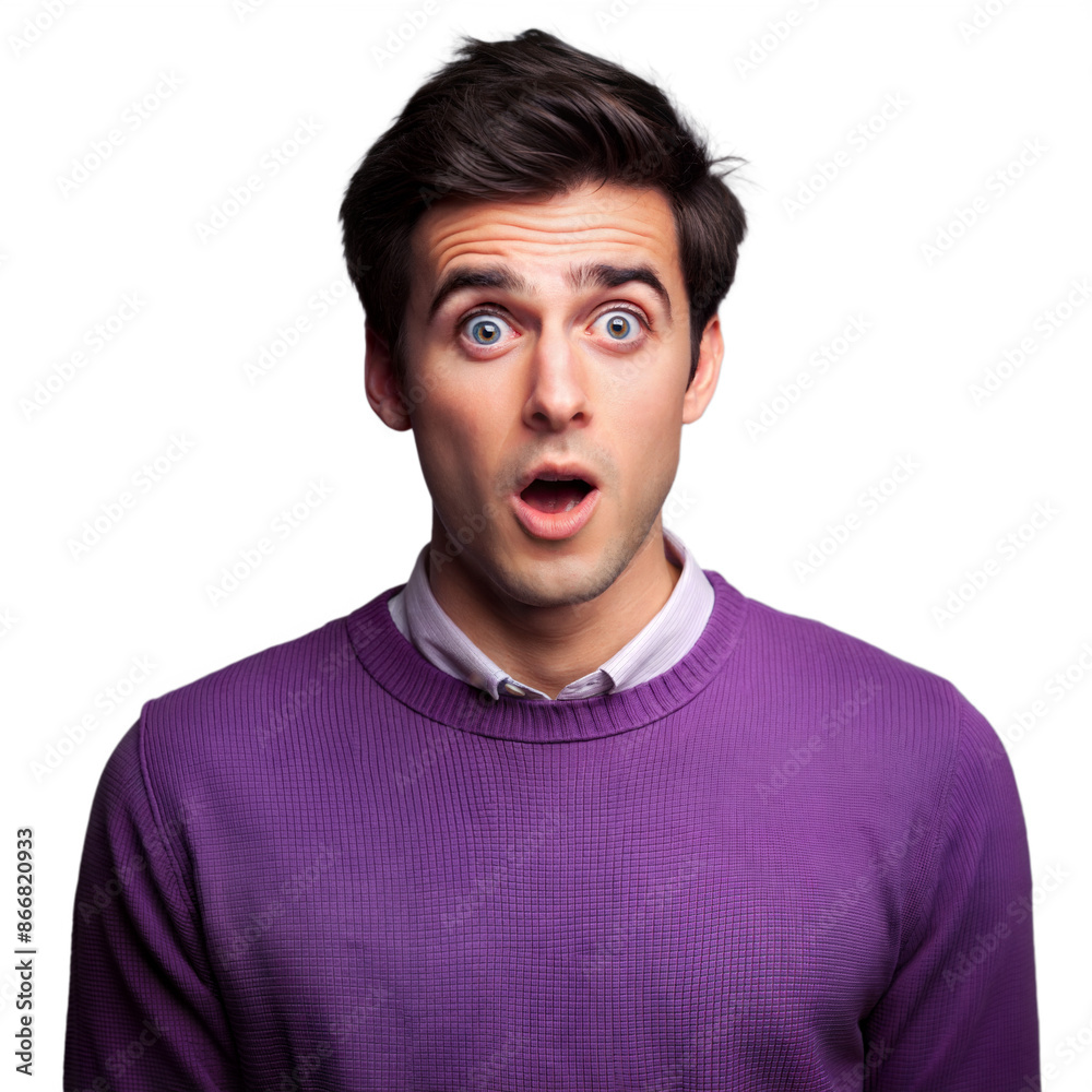 Young Man Wearing Purple Sweater With a Shocked Expression Young Man Wearing Purple Sweater With a Shocked Expression
