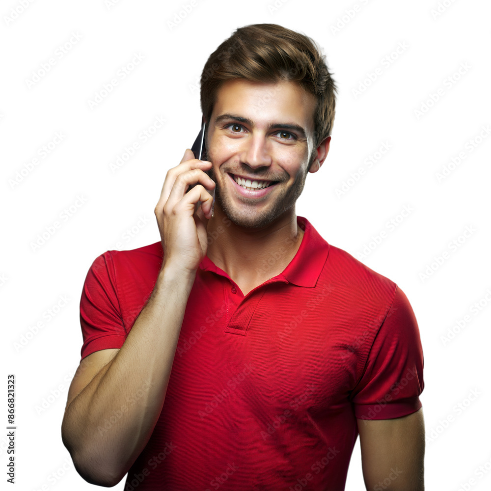 Smiling Man Talking On Mobile Phone Wearing Red Polo Shirt