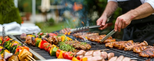 Chef grilling a variety of meats and vegetables at a backyard barbecue party
