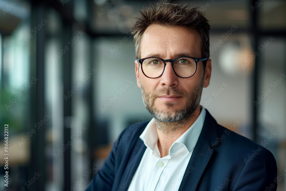 A portrait of confident business man, manager or boss in his office. White man looking directly into the camera, wearing suit, glasses with a hint of stubble on his face and brown hair. A portrait of confident business man, manager or boss in his office. White man looking directly into the camera, wearing suit, glasses with a hint of stubble on his face and brown hair.