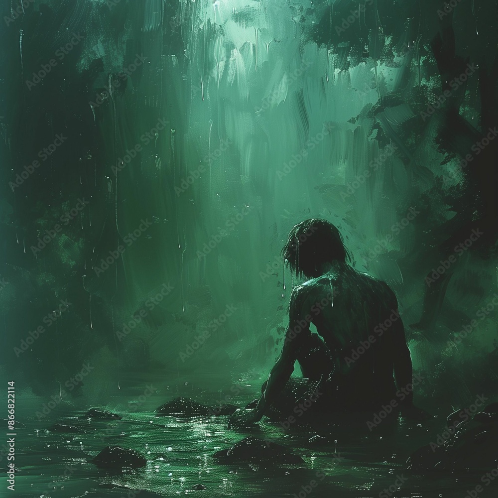 AI illustration of a digital painting of a person sitting in a dark, rainy forest with a green hue. AI illustration of a digital painting of a person sitting in a dark, rainy forest with a green hue.