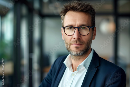 A portrait of confident business man, manager or boss in his office. White man looking directly into the camera, wearing suit, glasses with a hint of stubble on his face and brown hair. 