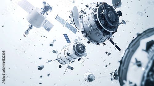 Abstract composition of futuristic space exploration concepts, including spacecraft and satellites, against a spotless white background, illustrating the advancements in space technology, in stunning