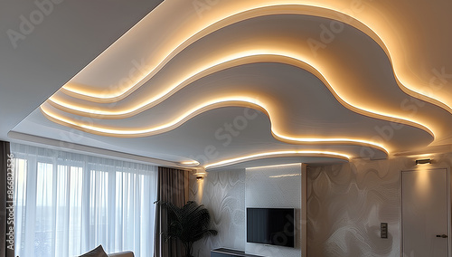 suspended ceiling with halogen led lamps and drywall construction in empty room in apartment or house. Stretch ceiling white and complex shape.
 photo