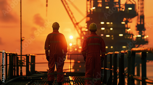 Workers on industrial oil and gas platform at sunset. Oil rig workers. Oil industry concept.