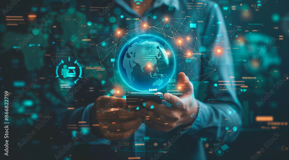 Hand holding a digital earth with icons, technology concept, online business concept Hand holding a digital earth with icons, technology concept, online business concept