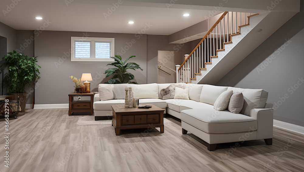 A high-angle view of a recently renovated basement with contemporary design elements, including a large white sectional sofa and a gray-toned wood-look floor