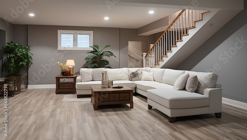 Obraz na płótnie A high-angle view of a recently renovated basement with contemporary design elements, including a large white sectional sofa and a gray-toned wood-look floor w salonie