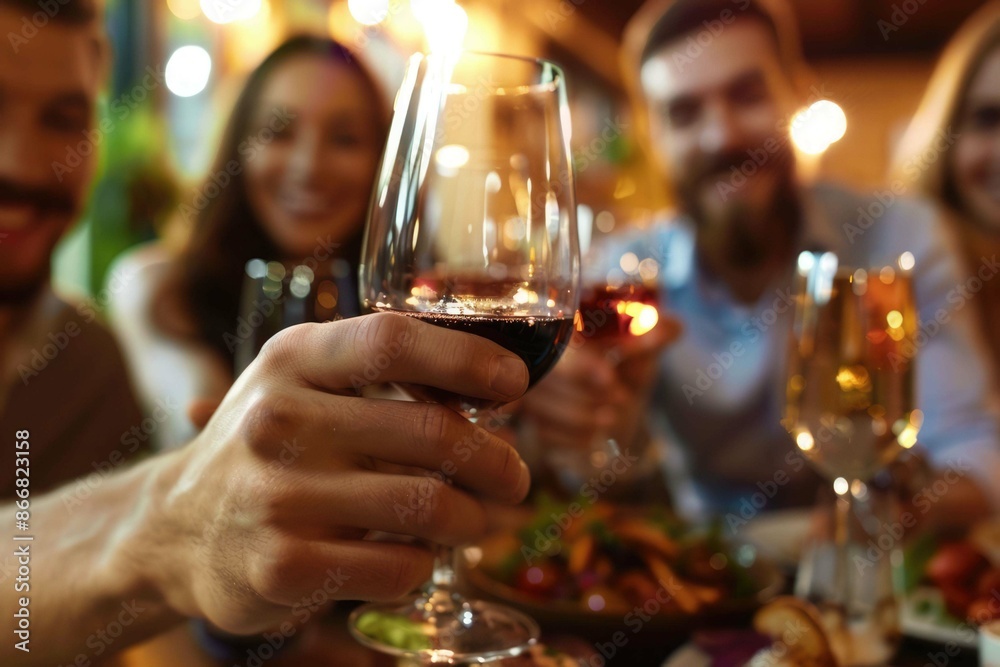 leisure, food, drinks, people and holidays concept - happy friends eating and drinking at restaurant