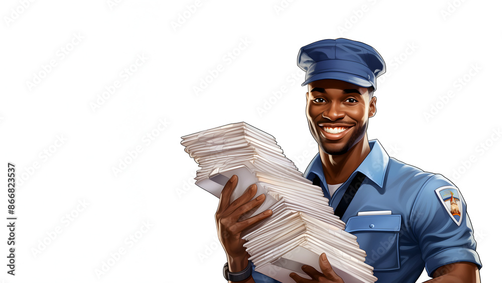 Illustration of a happy postal worker holding mail letters, white background with copy space Illustration of a happy postal worker holding mail letters, white background with copy space