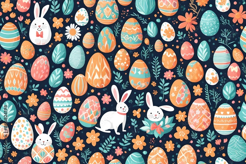 Happy Easter seamless pattern vector. Set of square cover design with easter egg, flower, foliage, paw Happy Easter seamless pattern vector. Set of square cover design with easter egg, flower, foliage, paw