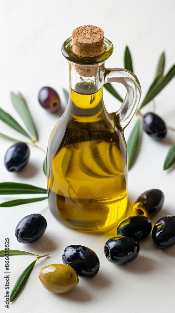 Glass bottle of olive oil with black and green olives on white background Glass bottle of olive oil with black and green olives on white background