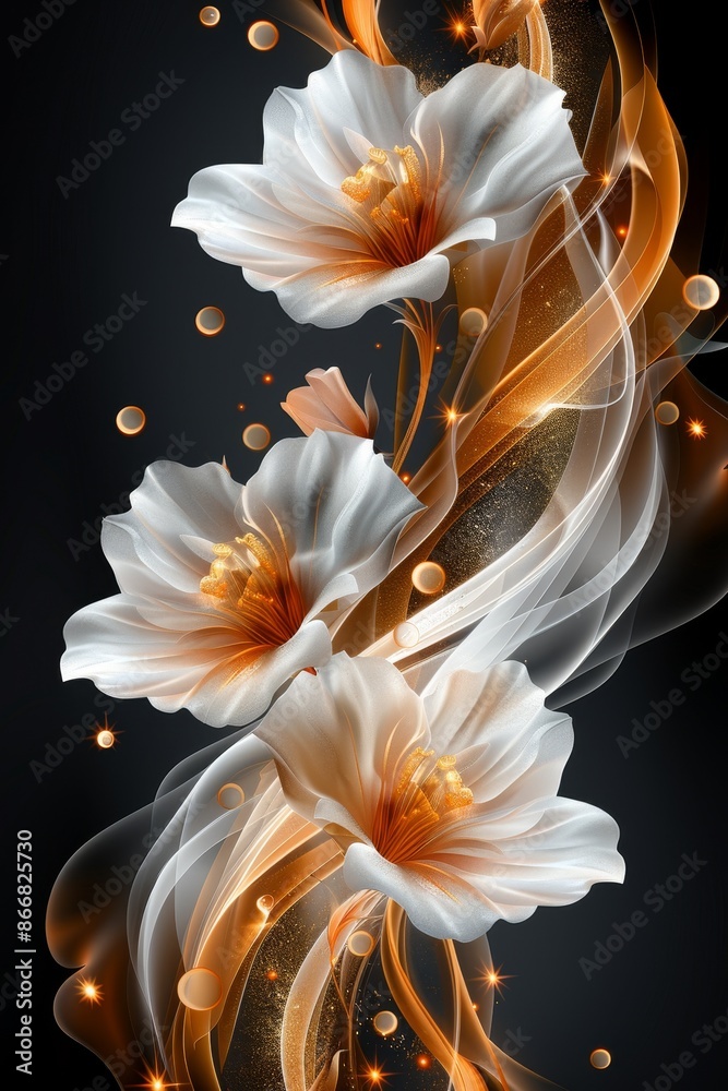 Abstract White Flowers With Golden Accents